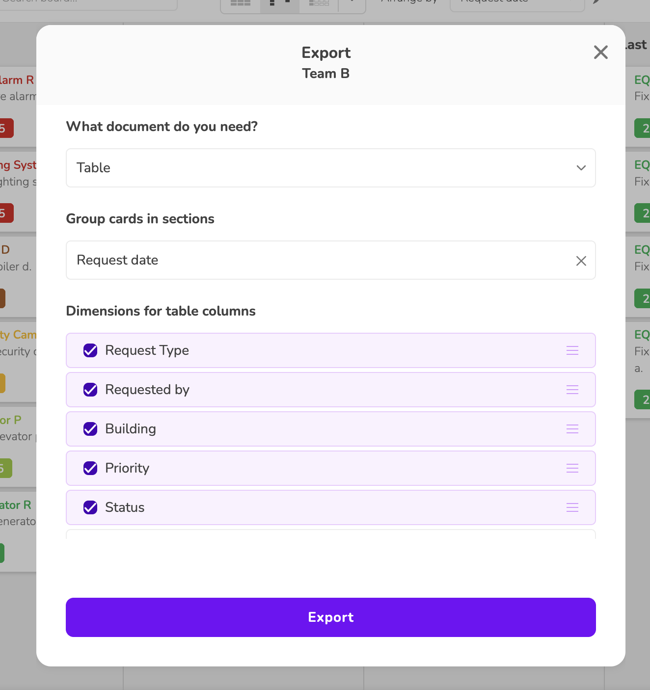 Generate documents from your boards to send or track accountability